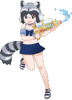 a raccoon girl is holding a water gun with the letter r on it