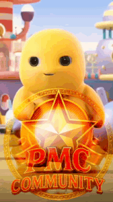 a yellow cartoon character is holding a gold star with the words pmc community written on it