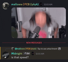 a screenshot of a conversation between malloww and midnight is that speed