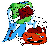 a pixel art drawing of a frog holding a camera next to an orange pumpkin .