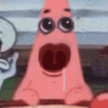 patrick star from spongebob squarepants is making a funny face with his mouth open .