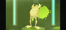 a cartoon frog is standing on a pedestal in front of a green wall