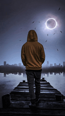 a man in a yellow hoodie is standing on a dock looking at the moon