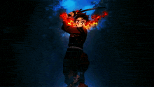a cartoon character is holding a sword in front of a fire