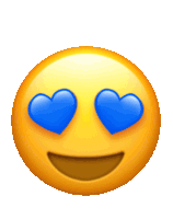 a yellow smiley face with blue heart eyes