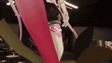 a woman in a pink and white outfit has a letter s on her waist