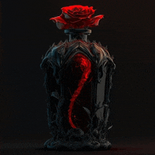 a black bottle with a red rose in the top