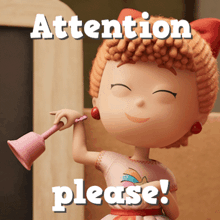 a cartoon girl is holding a pink bell and the words attention please are above her