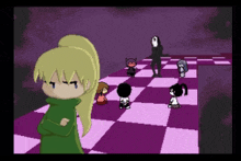 a girl in a green sweater stands in front of a checkered floor