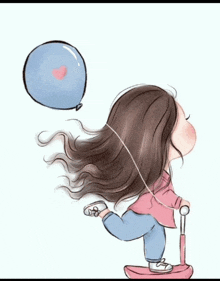 a cartoon girl is riding a scooter and holding a balloon with a heart on it