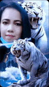 a picture of a woman and a white tiger