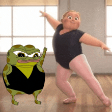 a cartoon frog is standing next to a girl in a ballet outfit