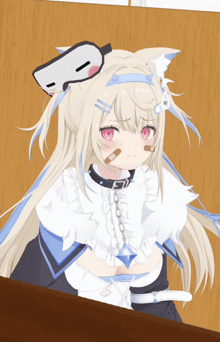 a girl with a bandage on her face is wearing a mask on her head