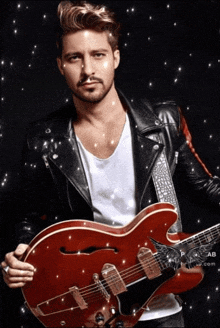 a man in a leather jacket is holding a guitar