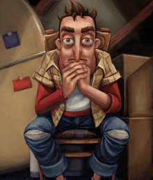 a cartoon of a man sitting in a chair with his hands on his face