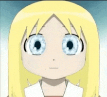 a cartoon girl with blonde hair and blue eyes is looking at the camera .