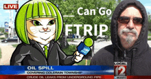 a cartoon of a cat holding a lime news microphone next to a man