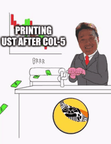 a cartoon of a man sitting at a desk with the words printing ust after col-5 written above him