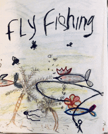 a child 's drawing of fly fishing with a palm tree