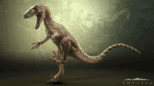 a 3d rendering of a dinosaur with its mouth open standing on its hind legs .