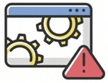 a computer screen with gears and a red triangle with an exclamation point .