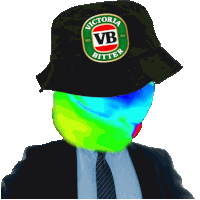 a man in a suit and tie is wearing a hat that says victoria bitter