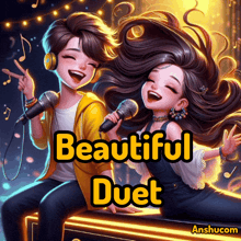 a boy and a girl singing into microphones with the words beautiful duet on the bottom