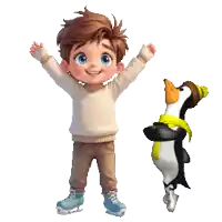 a little boy is standing next to a penguin
