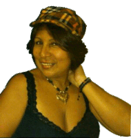 a woman wearing a black bra and a plaid hat