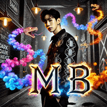 a man stands in a dark alleyway with smoke coming out of his mouth and the letters mb on the bottom