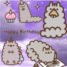 a happy birthday greeting card with a cat and a cloud