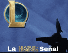 a poster for league of legends with a batman statue in the background