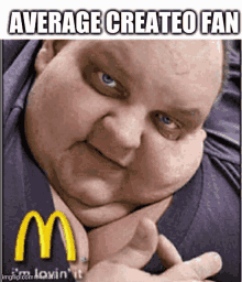 a very fat man with a mcdonald 's logo on his shirt .