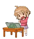 a cartoon girl is sitting at a table with a tablet .