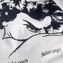 a black and white drawing of a woman with the words " fallen angel " written on the bottom