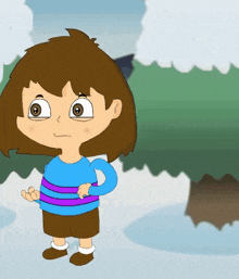 a cartoon of a little girl with brown hair and a blue shirt