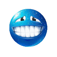 a blue smiley face with big white teeth