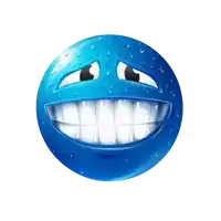 a blue smiley face with big white teeth