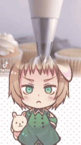 a cartoon of a boy holding a stuffed animal with a cupcake in the background and a tiktok logo in the corner