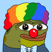 a cartoon of a clown with a red nose and a rainbow wig