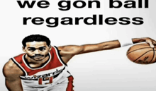a man in a wizards jersey holds a basketball in his hand