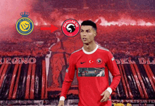 a soccer player wearing a red shirt with a skullar sky logo on it