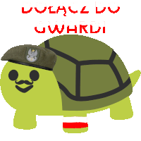 a green turtle wearing a beret and a mustache with the words " dolacz do uwhkdi " on the bottom