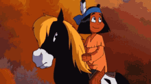 a cartoon of a young boy riding a horse