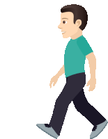 a man in a blue shirt and black pants is walking on a white background