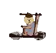 a cartoon character is riding a scooter with a stick in his head .