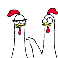 two chickens are standing next to each other and one is pointing at the other