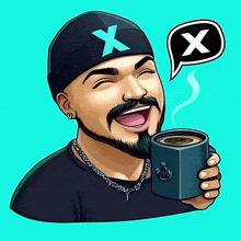 a cartoon of a man holding a cup of coffee with a x on his hat