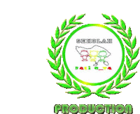 a logo for sekolah production with a green laurel wreath