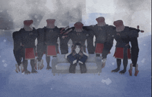 a group of monsters are standing around a woman sitting on a couch in the snow